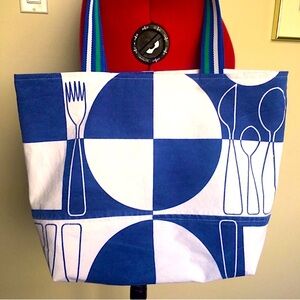 Hand made tote bag, canvas, eclectic picnic theme, white & blue, up-cycled